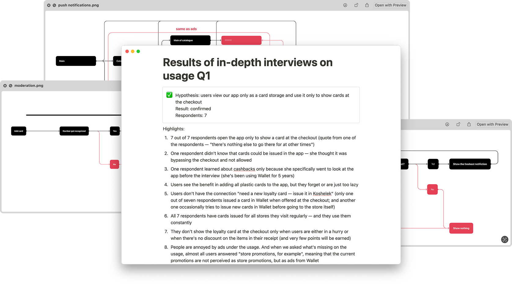 In-depth interview findings alongside user flow diagrams