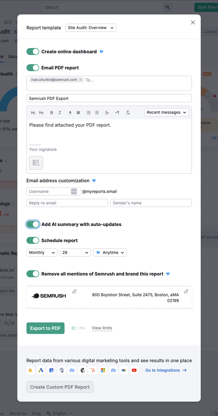 Semrush export modal before the redesign