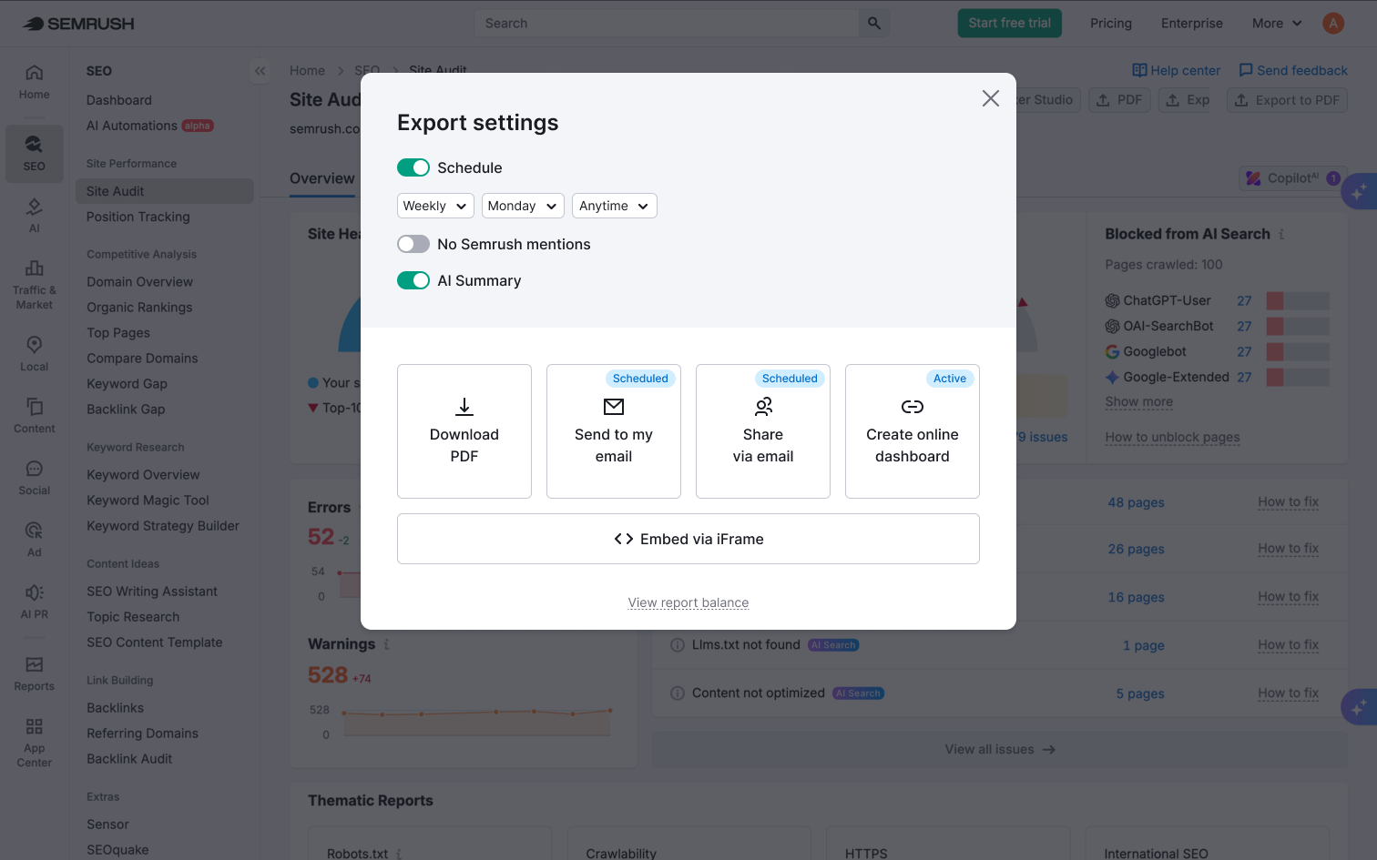 Redesigned export settings modal