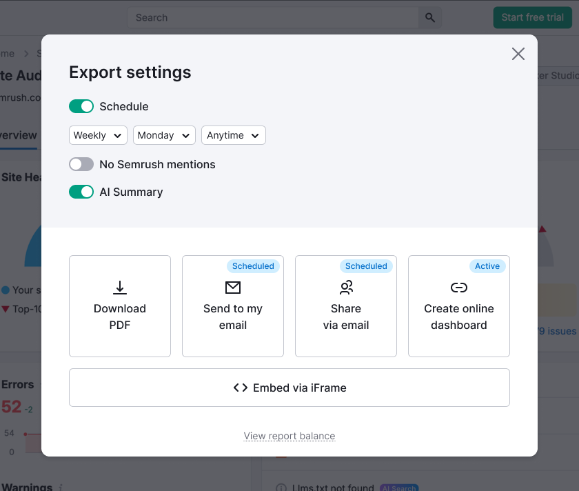 Redesigned export settings modal